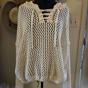 White Knit Lace-Up Sweater/coverup